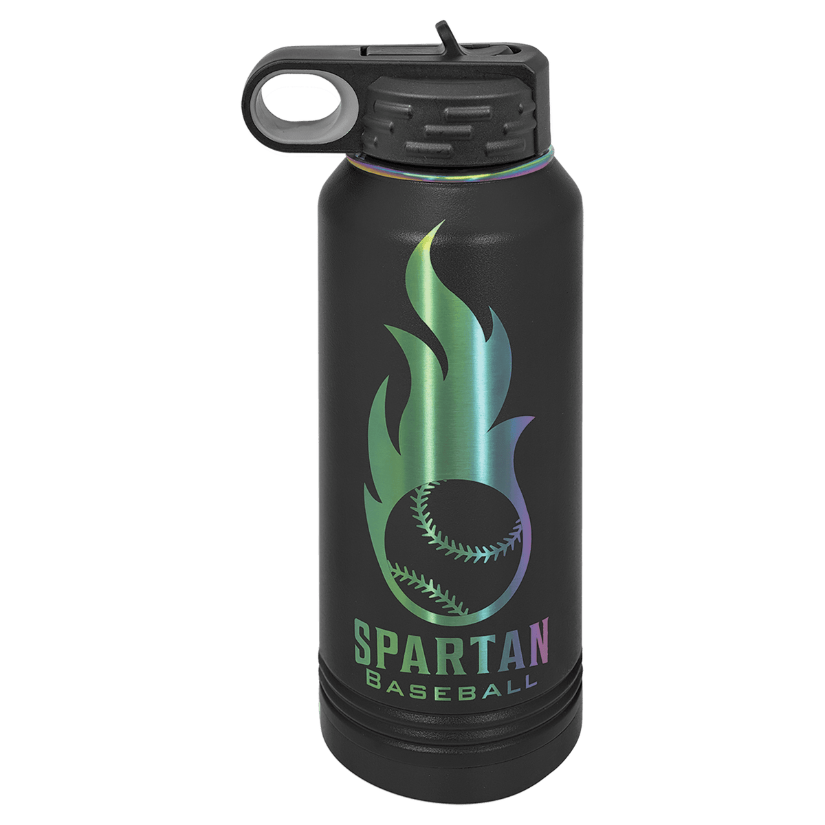 Black 32 oz. insulated water bottle with an iridescent prism band and flip-top straw lid