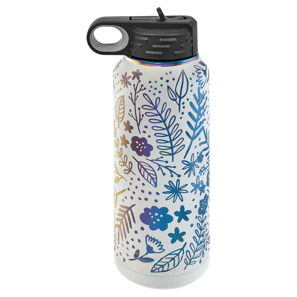 White 32 oz. insulated water bottle with an iridescent prism band and flip-top straw lid