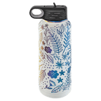 White 32 oz. insulated water bottle with an iridescent prism band and flip-top straw lid