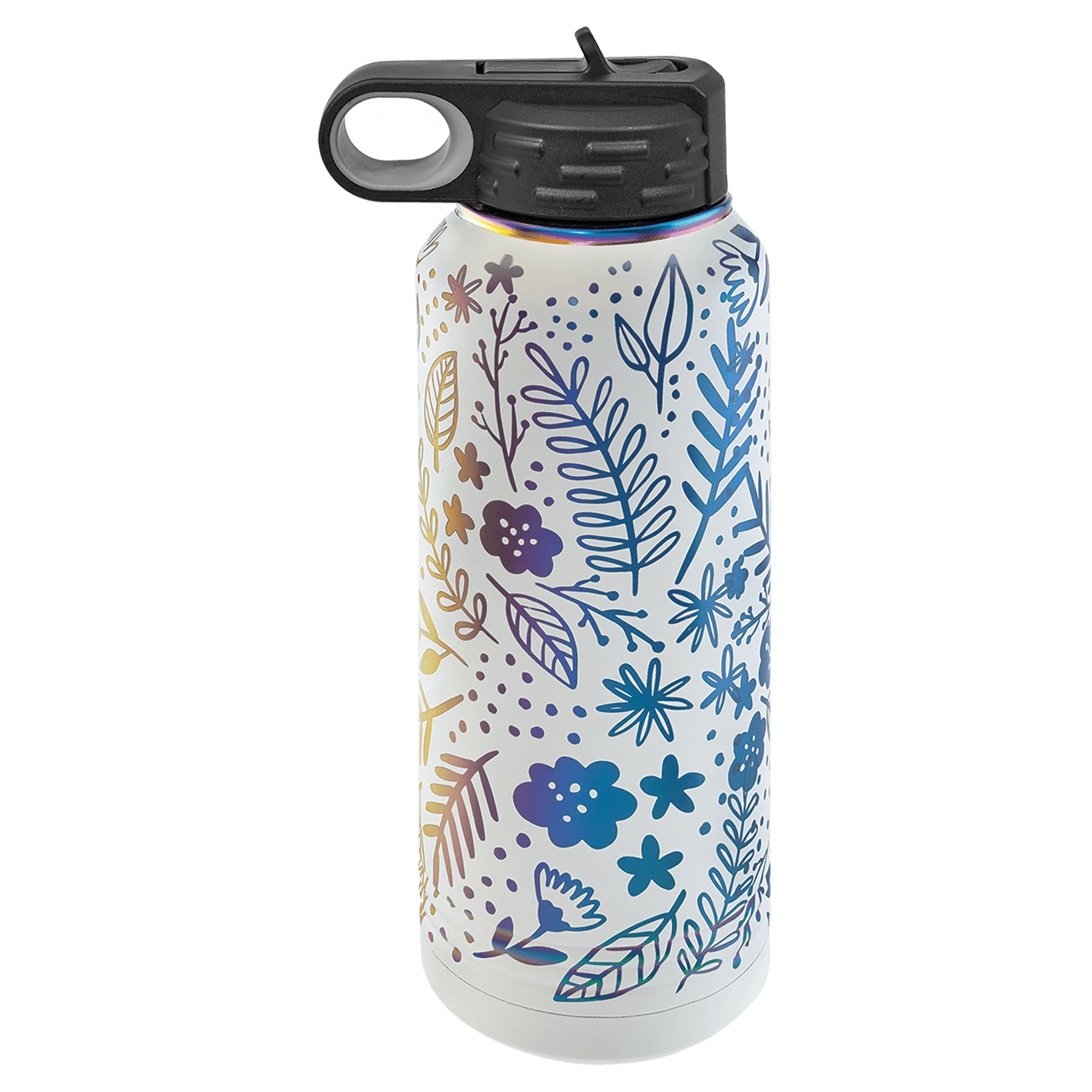 White 32 oz. insulated water bottle with an iridescent prism band and flip-top straw lid