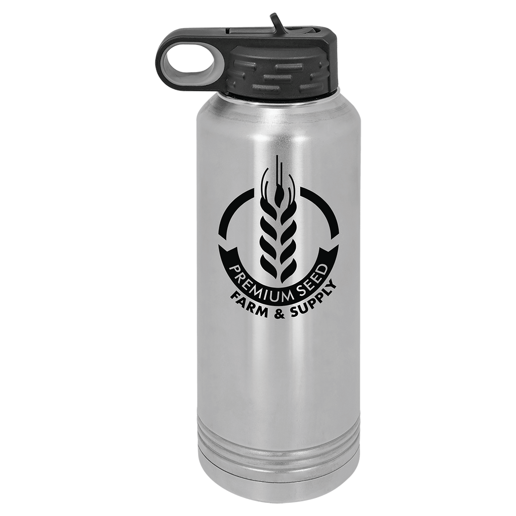 Brushed stainless steel 40 oz. insulated water bottle with a black flip-top lid, shown with a sample engraving