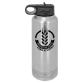 Brushed stainless steel 40 oz. insulated water bottle with a black flip-top lid, shown with a sample engraving