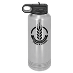 Brushed stainless steel 40 oz. insulated water bottle with a black flip-top lid, shown with a sample engraving