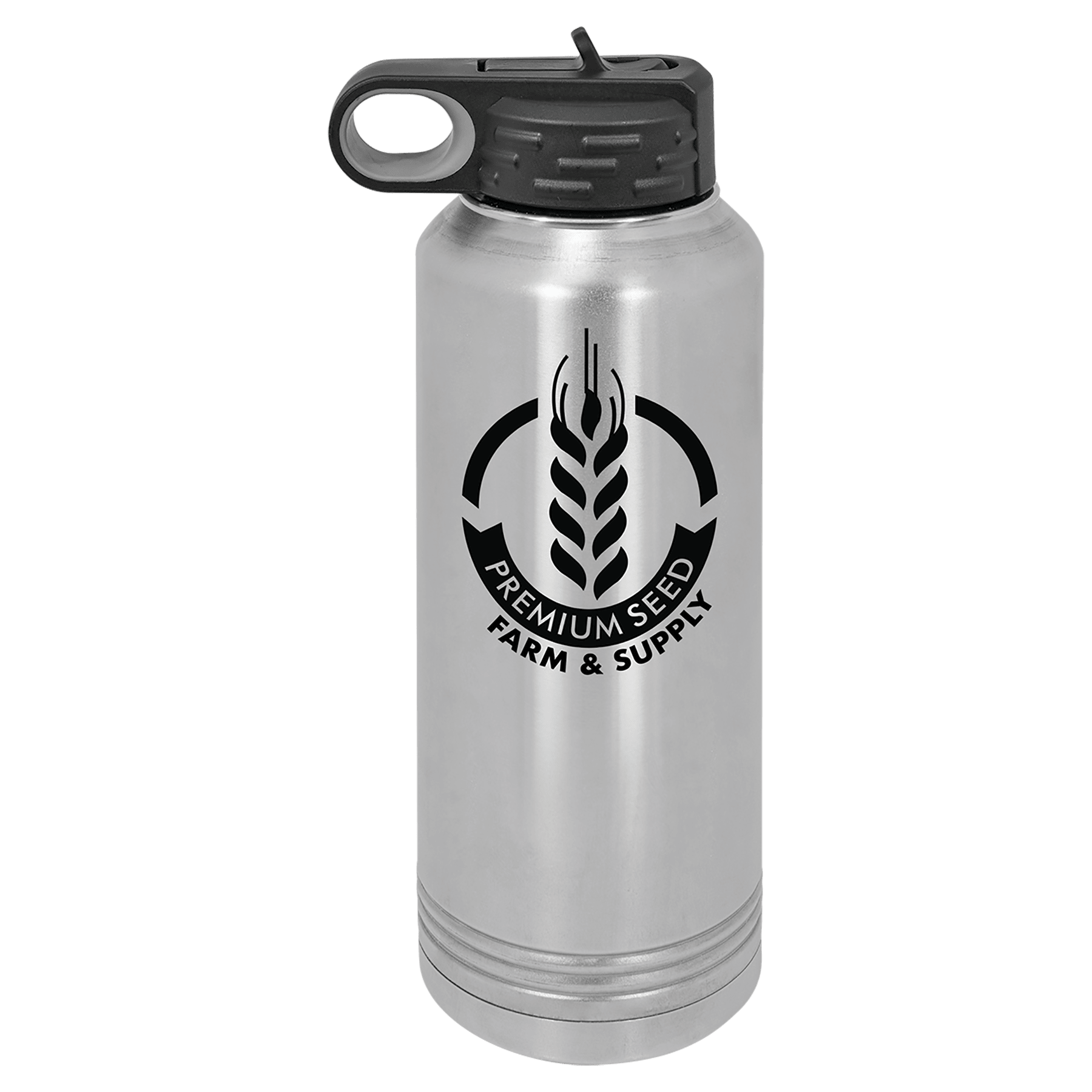 Brushed stainless steel 40 oz. insulated water bottle with a black flip-top lid, shown with a sample engraving