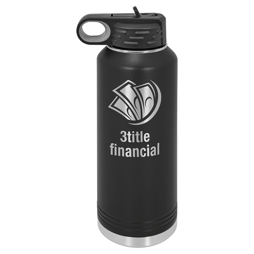 Black powder-coated 40 oz. insulated water bottle with a black flip-top lid, shown with a sample engraving