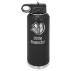 Black powder-coated 40 oz. insulated water bottle with a black flip-top lid, shown with a sample engraving