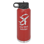 Red powder-coated 40 oz. insulated water bottle with a black flip-top lid, shown with a sample engraving