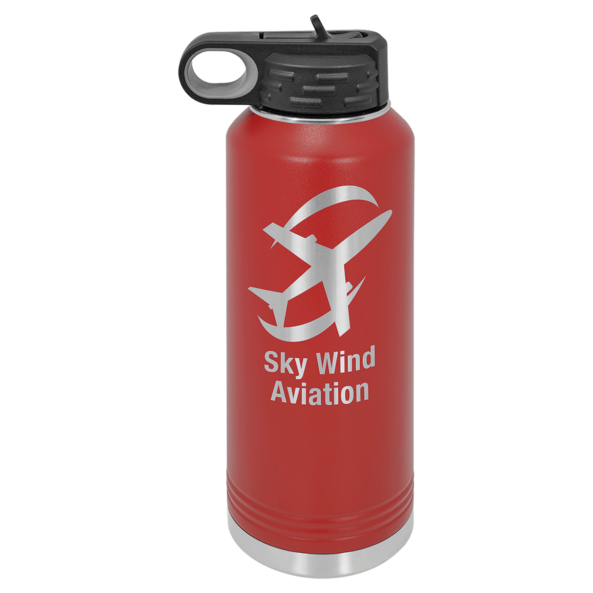 Red powder-coated 40 oz. insulated water bottle with a black flip-top lid, shown with a sample engraving