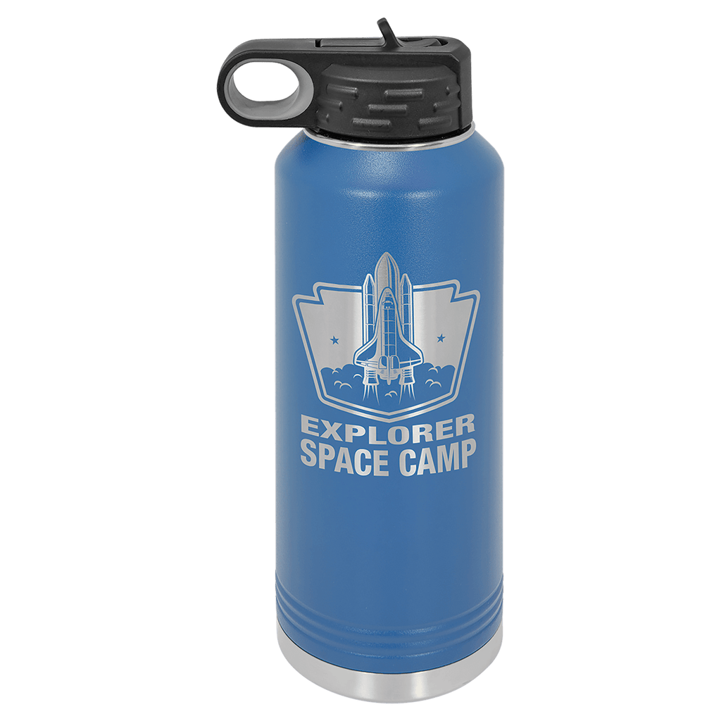 Royal blue powder-coated 40 oz. insulated water bottle with a black flip-top lid, shown with a sample engraving