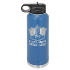 Royal blue powder-coated 40 oz. insulated water bottle with a black flip-top lid, shown with a sample engraving