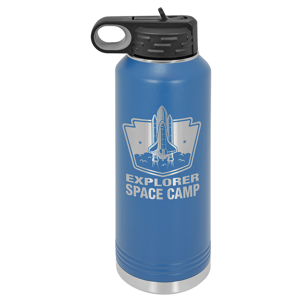 Royal blue powder-coated 40 oz. insulated water bottle with a black flip-top lid, shown with a sample engraving