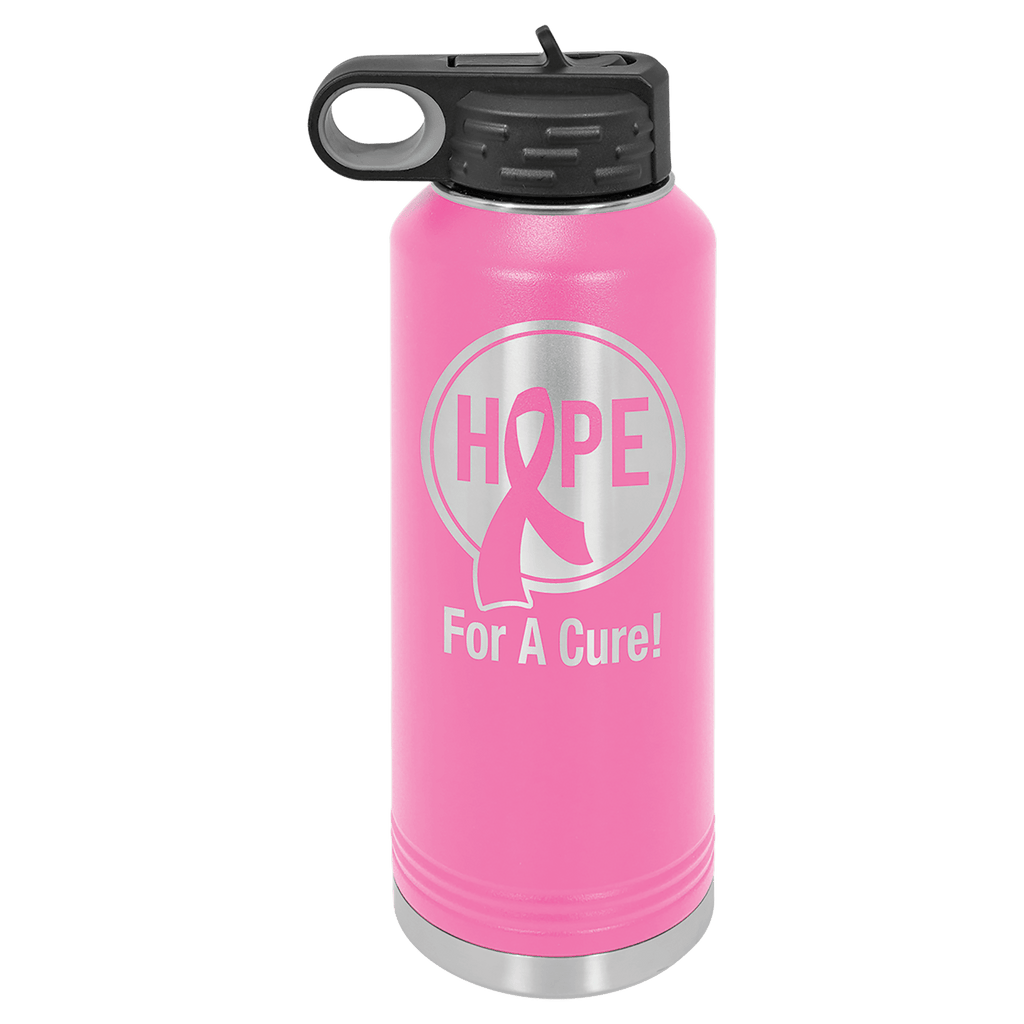 Pink powder-coated 40 oz. insulated water bottle with a black flip-top lid, shown with a sample engraving