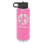 Pink powder-coated 40 oz. insulated water bottle with a black flip-top lid, shown with a sample engraving