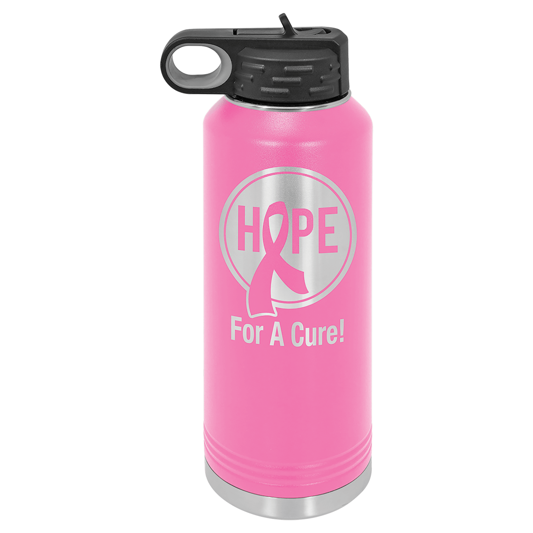 Pink powder-coated 40 oz. insulated water bottle with a black flip-top lid, shown with a sample engraving
