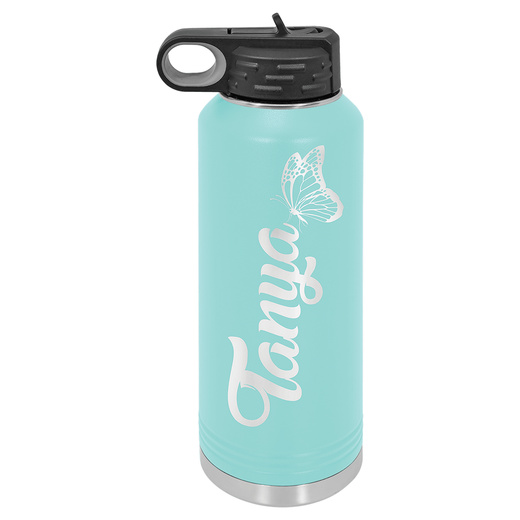 Teal powder-coated 40 oz. insulated water bottle with a black flip-top lid, shown with a sample engraving