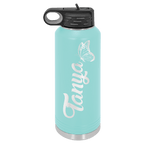 Teal powder-coated 40 oz. insulated water bottle with a black flip-top lid, shown with a sample engraving