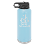 Light blue powder-coated 40 oz. insulated water bottle with a black flip-top lid, shown with a sample engraving
