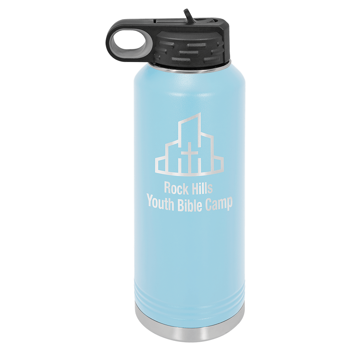 Light blue powder-coated 40 oz. insulated water bottle with a black flip-top lid, shown with a sample engraving