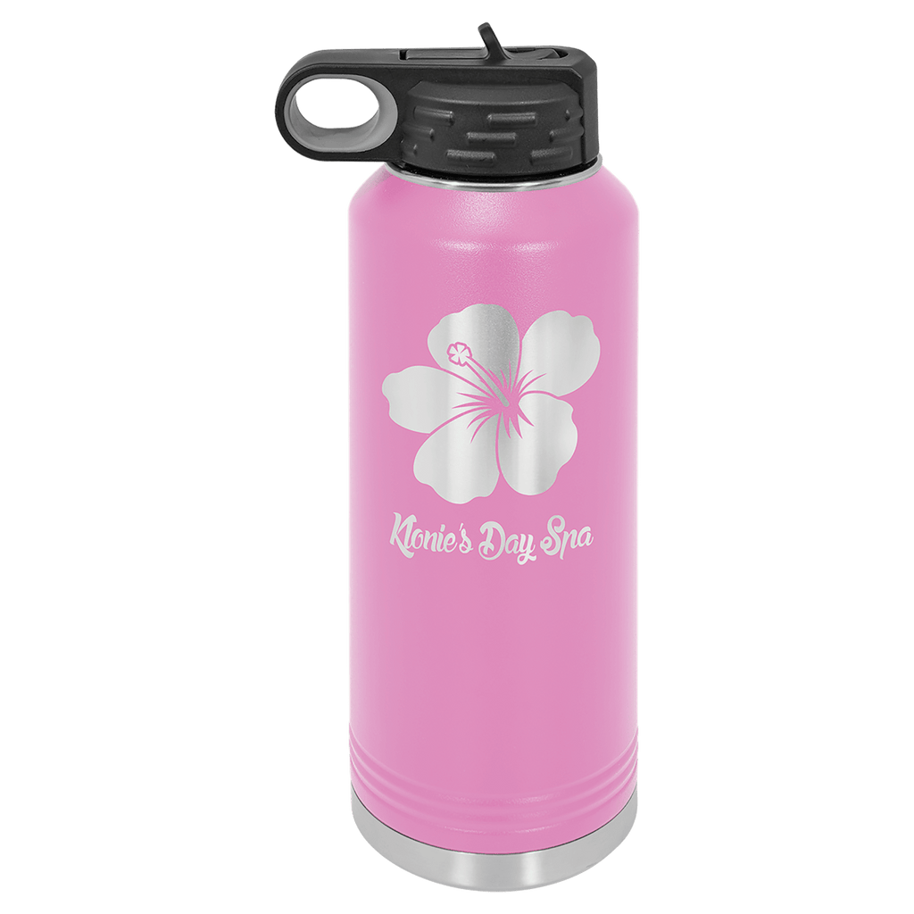 Light purple powder-coated 40 oz. insulated water bottle with a black flip-top lid, shown with a sample engraving