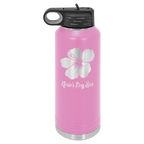 Light purple powder-coated 40 oz. insulated water bottle with a black flip-top lid, shown with a sample engraving