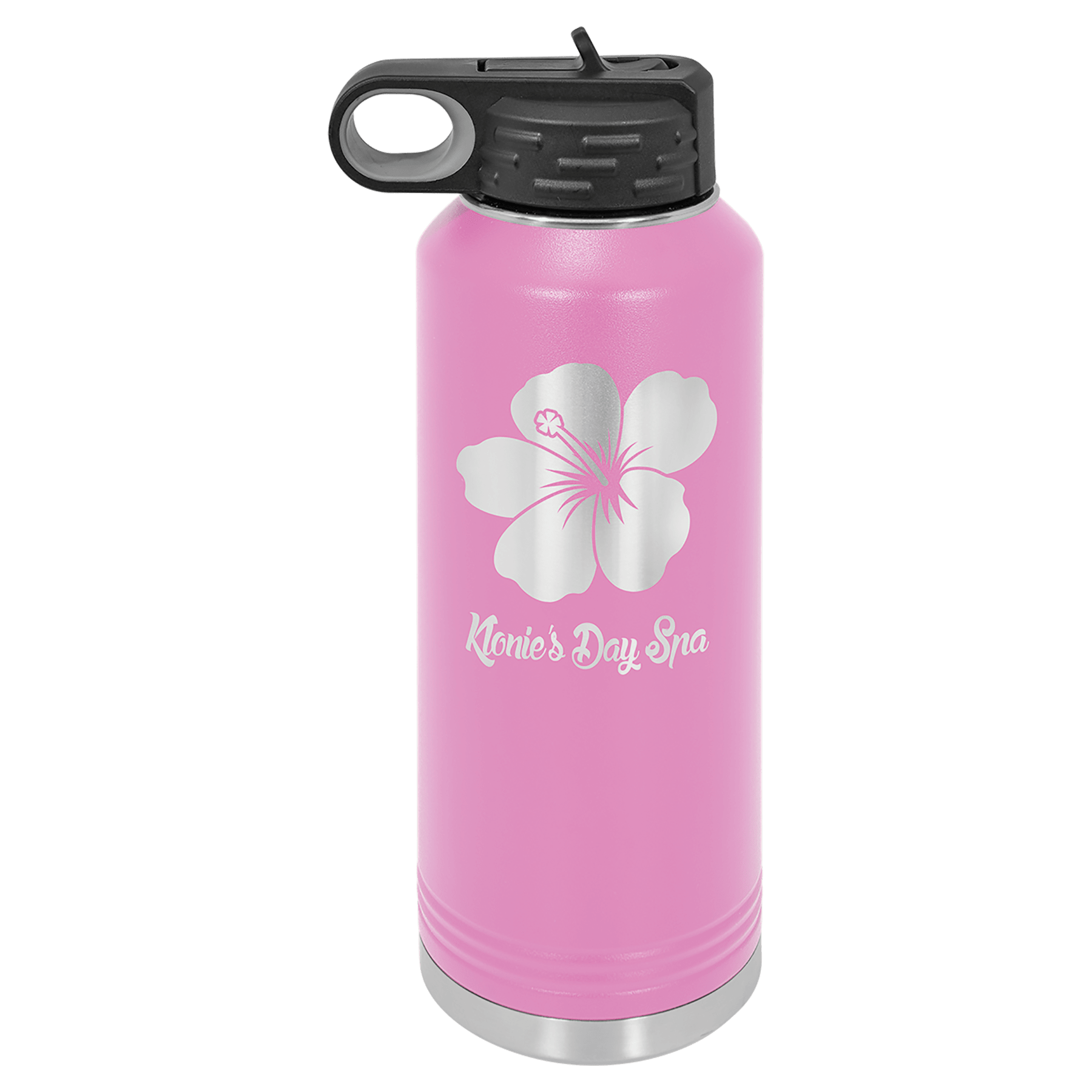 Light purple powder-coated 40 oz. insulated water bottle with a black flip-top lid, shown with a sample engraving