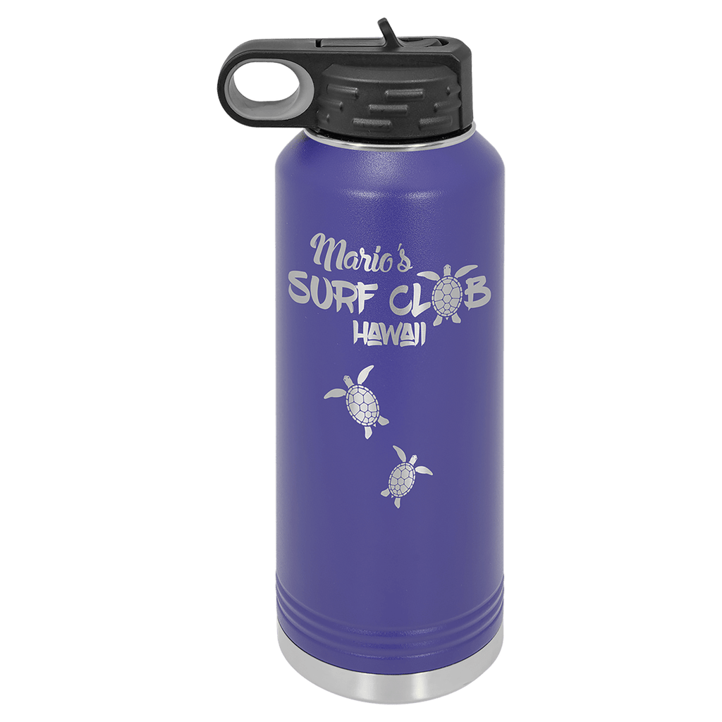 Purple powder-coated 40 oz. insulated water bottle with a black flip-top lid, shown with a sample engraving
