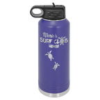 Purple powder-coated 40 oz. insulated water bottle with a black flip-top lid, shown with a sample engraving