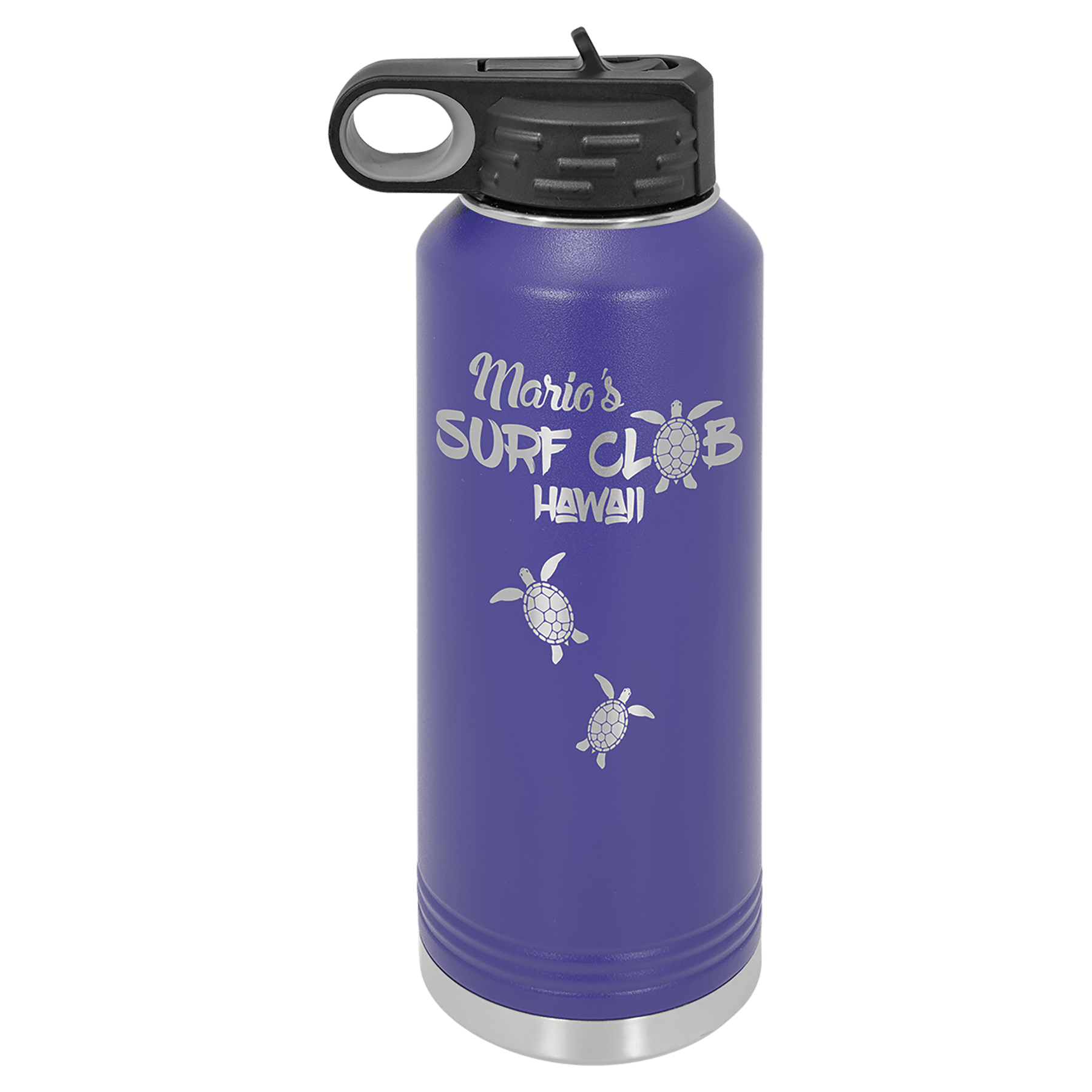 Purple powder-coated 40 oz. insulated water bottle with a black flip-top lid, shown with a sample engraving