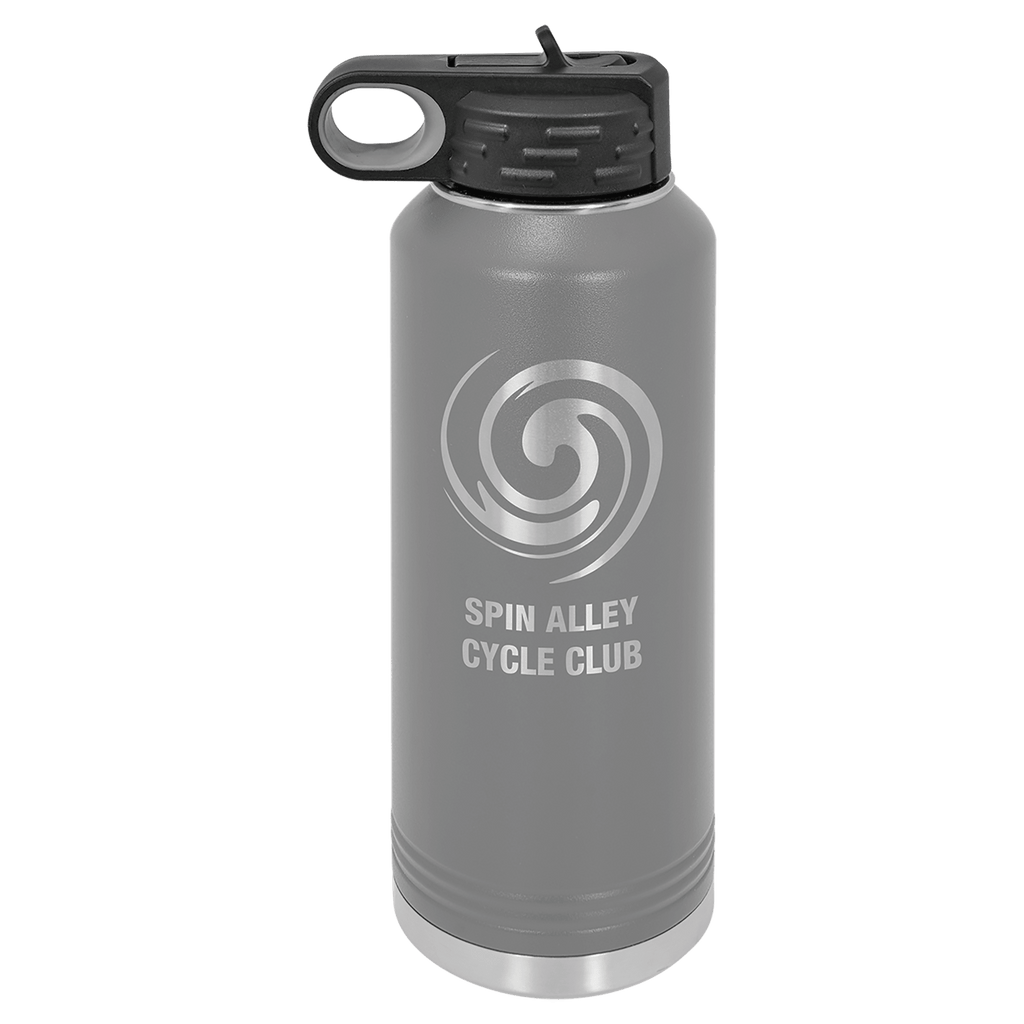 Dark gray powder-coated 40 oz. insulated water bottle with a black flip-top lid, shown with a sample engraving