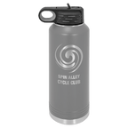 Dark gray powder-coated 40 oz. insulated water bottle with a black flip-top lid, shown with a sample engraving