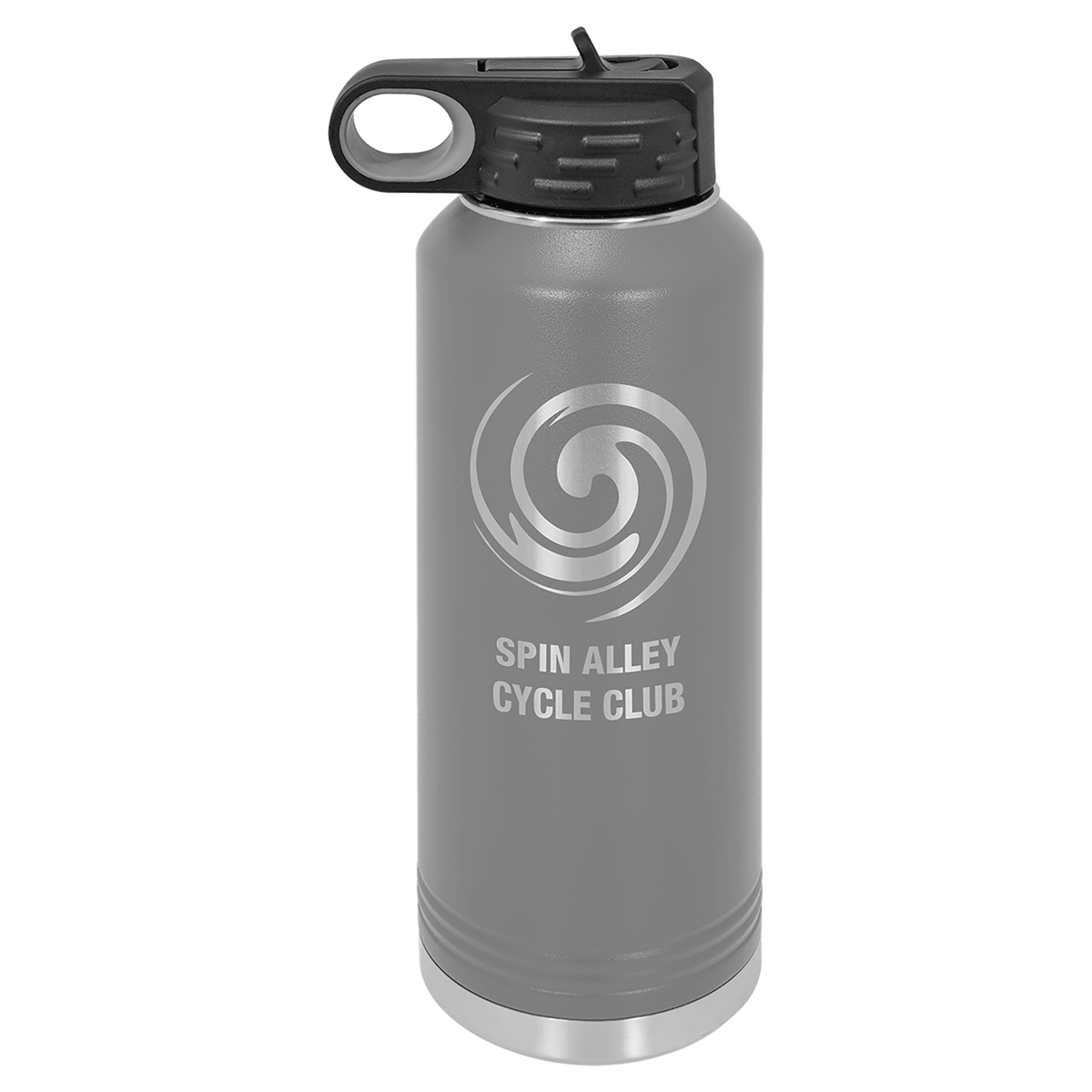 Dark gray powder-coated 40 oz. insulated water bottle with a black flip-top lid, shown with a sample engraving