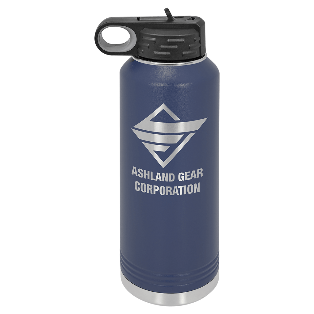 Navy blue powder-coated 40 oz. insulated water bottle with a black flip-top lid, shown with a sample engraving
