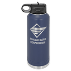 Navy blue powder-coated 40 oz. insulated water bottle with a black flip-top lid, shown with a sample engraving