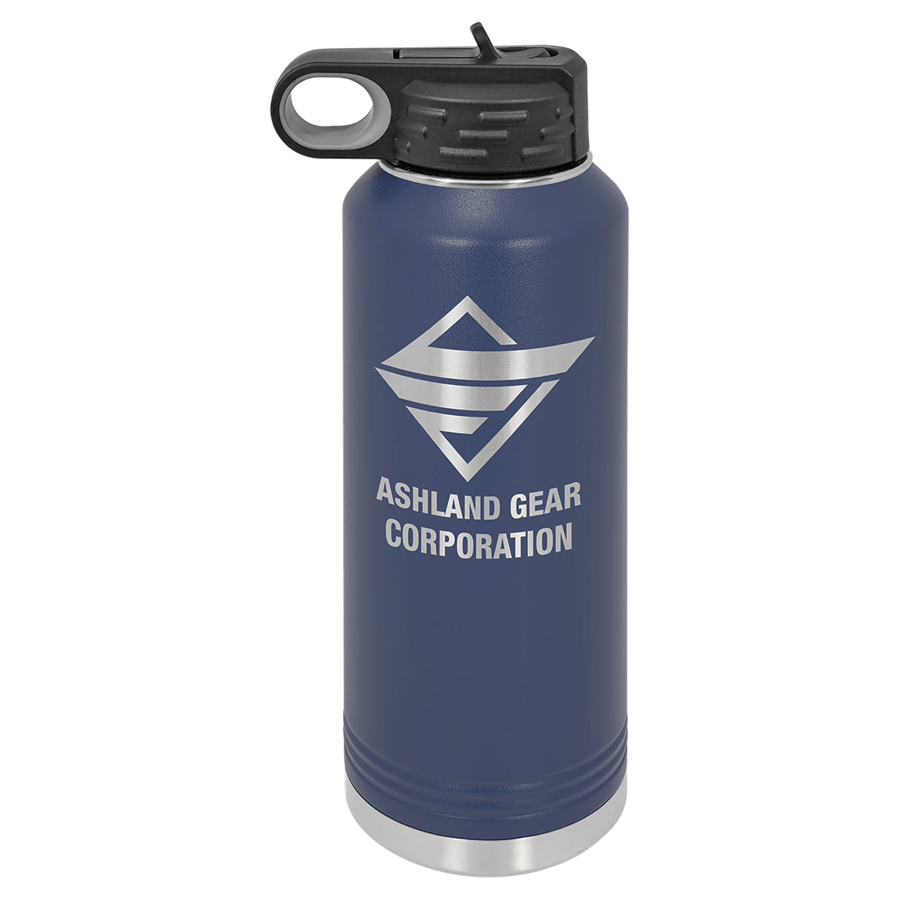 Navy blue powder-coated 40 oz. insulated water bottle with a black flip-top lid, shown with a sample engraving