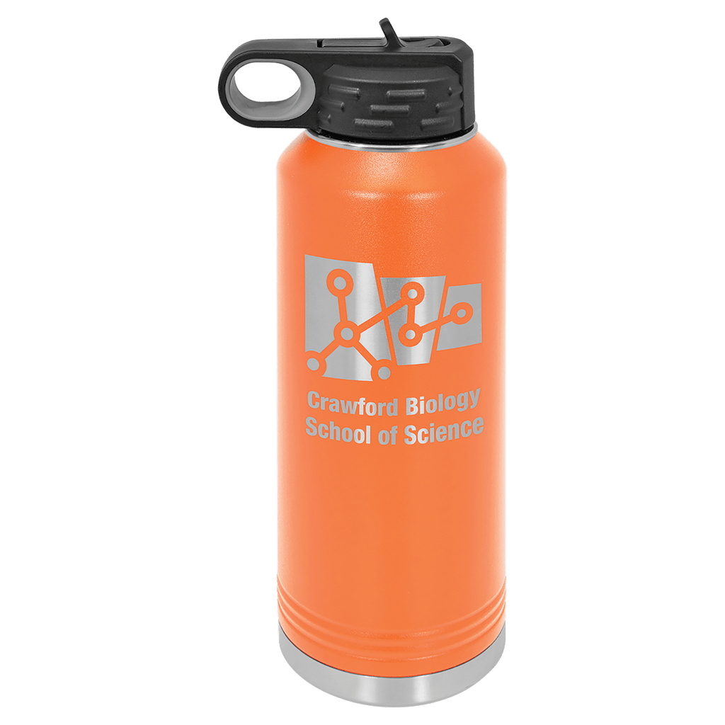 Orange powder-coated 40 oz. insulated water bottle with a black flip-top lid, shown with a sample engraving