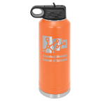 Orange powder-coated 40 oz. insulated water bottle with a black flip-top lid, shown with a sample engraving