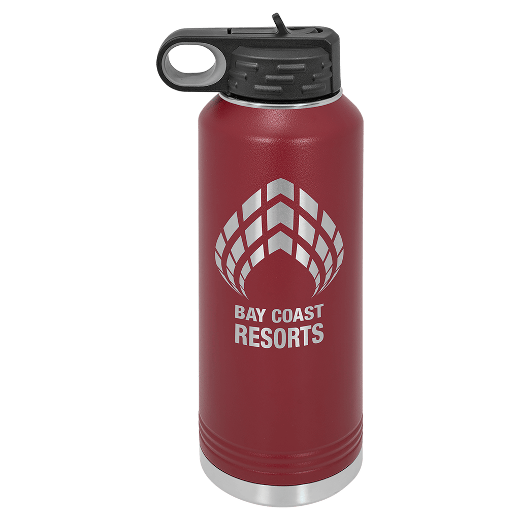Maroon powder-coated 40 oz. insulated water bottle with a black flip-top lid, shown with a sample engraving