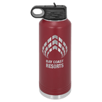 Maroon powder-coated 40 oz. insulated water bottle with a black flip-top lid, shown with a sample engraving