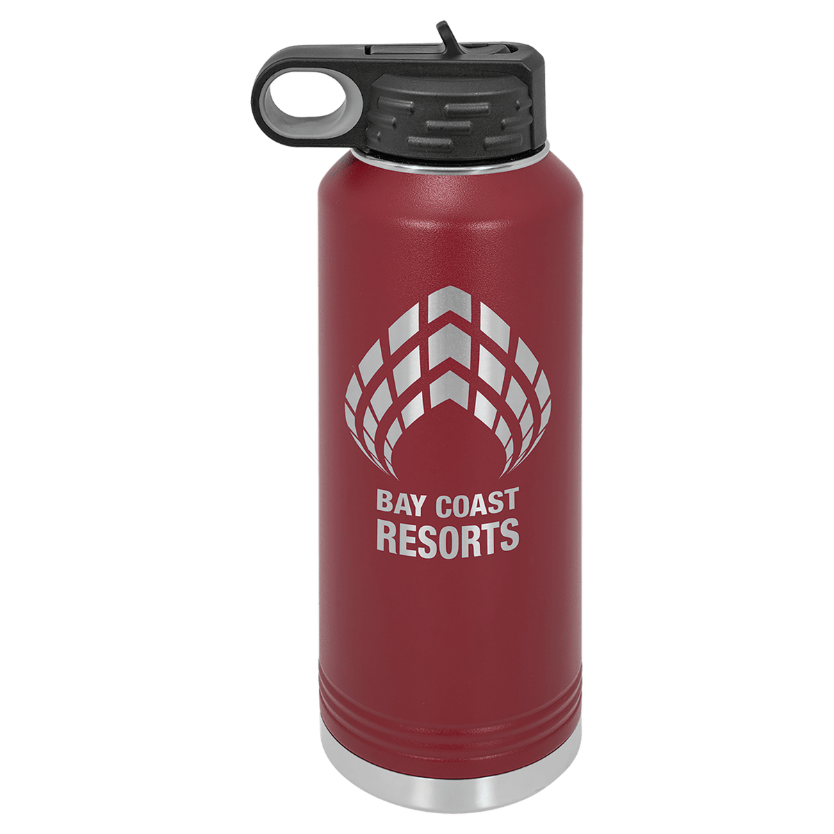 Maroon powder-coated 40 oz. insulated water bottle with a black flip-top lid, shown with a sample engraving