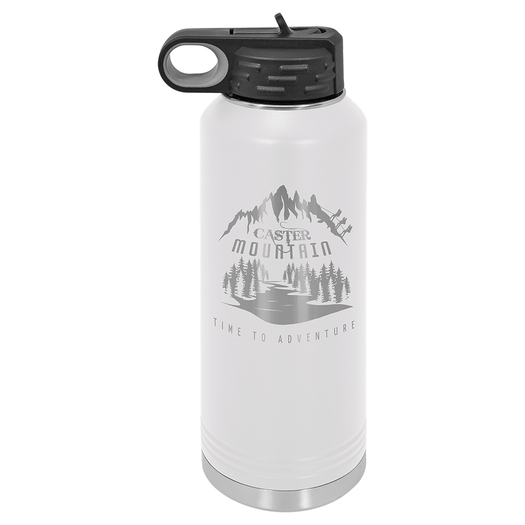 White powder-coated 40 oz. insulated water bottle with a black flip-top lid, shown with a sample engraving
