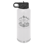 White powder-coated 40 oz. insulated water bottle with a black flip-top lid, shown with a sample engraving