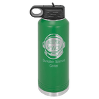 Green powder-coated 40 oz. insulated water bottle with a black flip-top lid, shown with a sample engraving