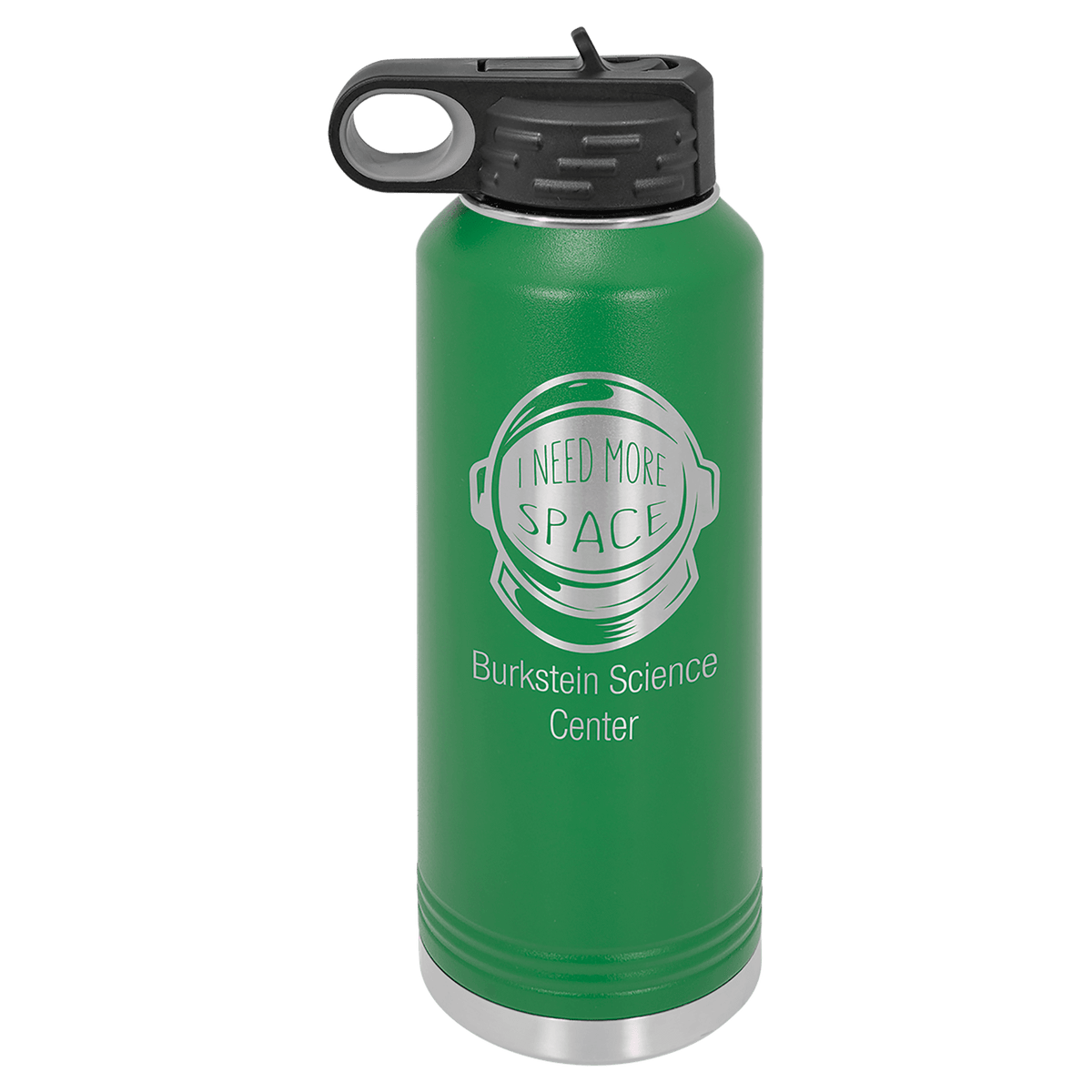 Green powder-coated 40 oz. insulated water bottle with a black flip-top lid, shown with a sample engraving