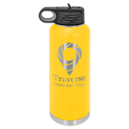 Yellow powder-coated 40 oz. insulated water bottle with a black flip-top lid, shown with a sample engraving