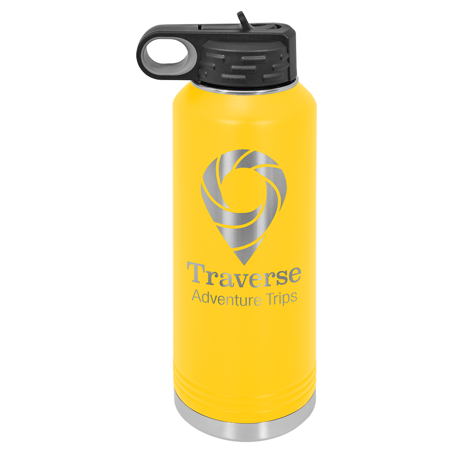 Yellow powder-coated 40 oz. insulated water bottle with a black flip-top lid, shown with a sample engraving
