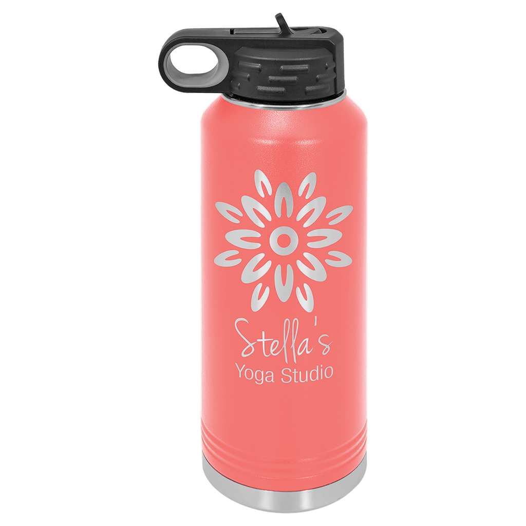Coral powder-coated 40 oz. insulated water bottle with a black flip-top lid, shown with a sample engraving