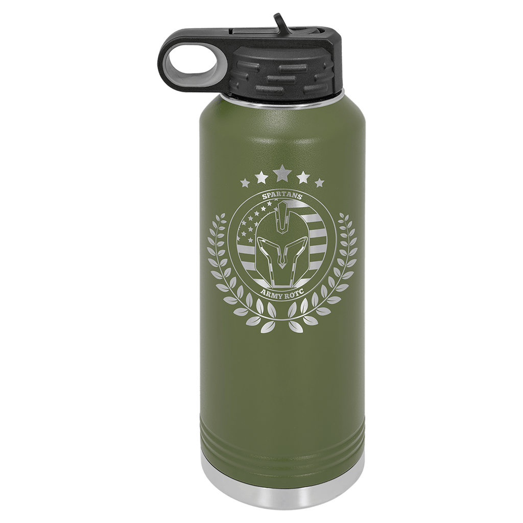 Olive green powder-coated 40 oz. insulated water bottle with a black flip-top lid, shown with a sample engraving