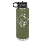 Olive green powder-coated 40 oz. insulated water bottle with a black flip-top lid, shown with a sample engraving