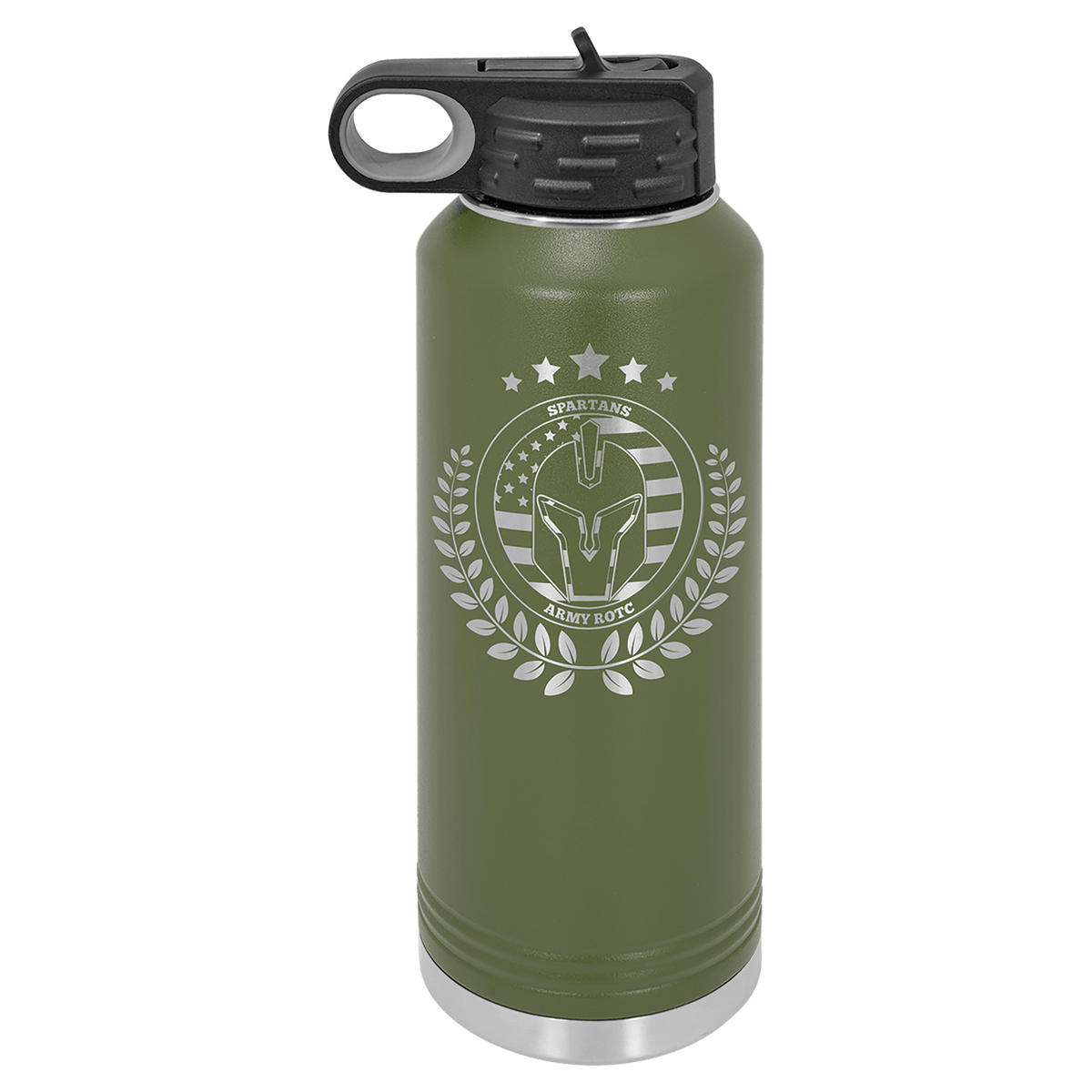 Olive green powder-coated 40 oz. insulated water bottle with a black flip-top lid, shown with a sample engraving