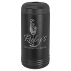 Black insulated wine bottle chiller engraved with a wine tasting room logo